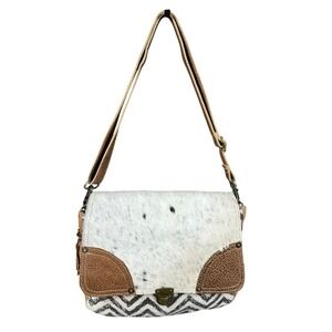 Myra Bag Pearl Fusion Messenger Bag Cowhide Leather Chevron Canvas‎
